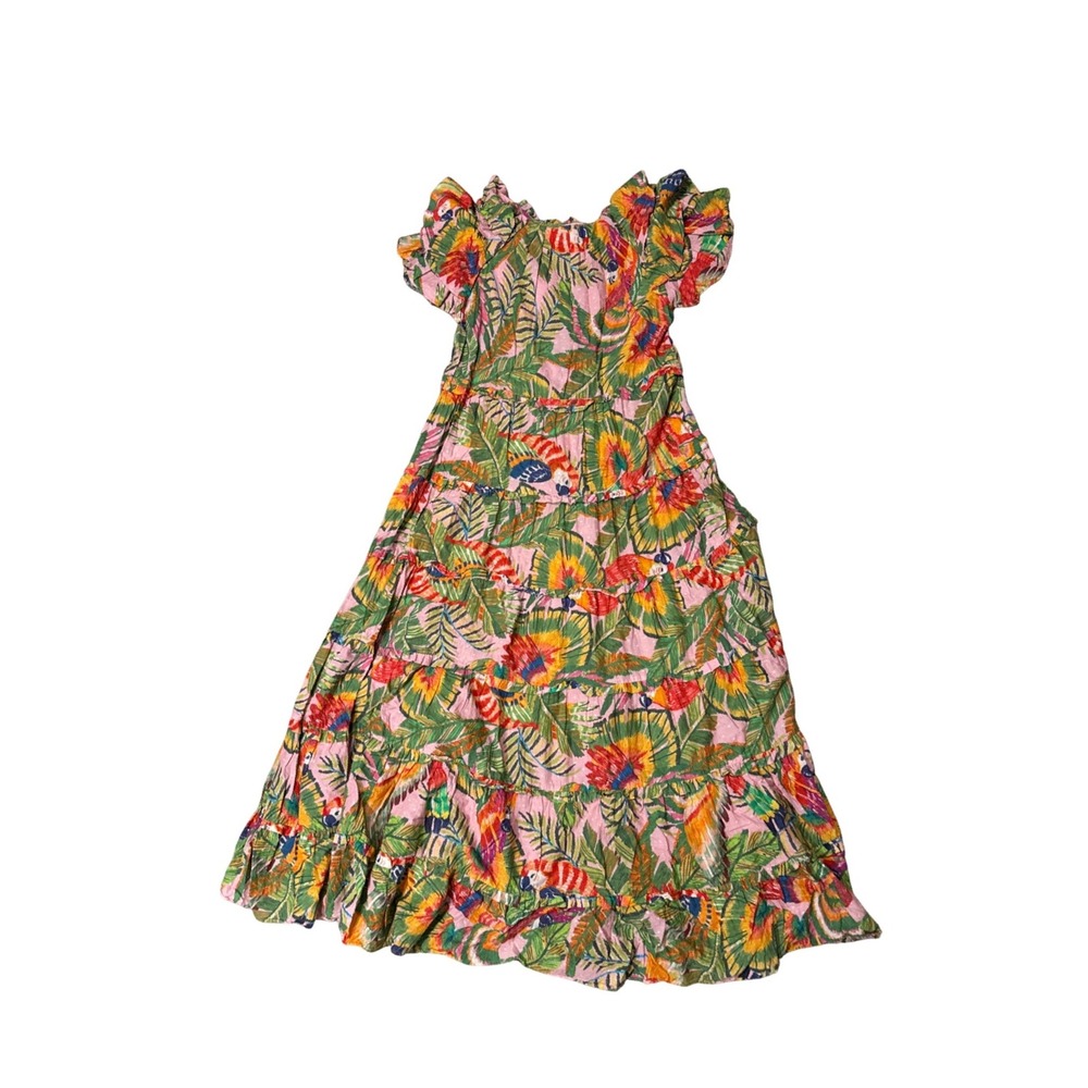 Farm Rio Pink Tropical Parrot Tiered Maxi Dress Flutter Sleeve Womens Size L - Picture 9 of 10